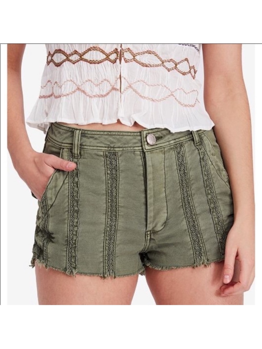 Free People Great Expectations Moss Green Crochet Trim Shorts – NWT Size 2